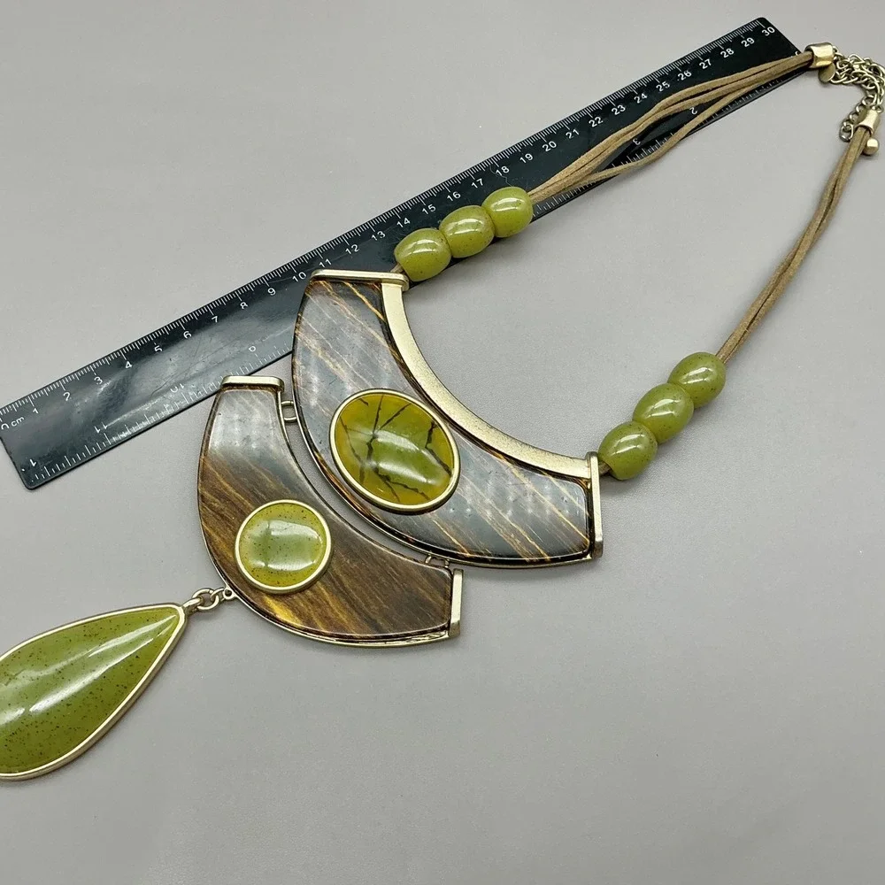 Chico's Necklace Green Brown Bib Statement Faux Suede Gold Tone Teardrop Boho